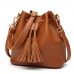 Women PU Leather Drawstring Bucket Bags Retro Tassel Shoulder Bags Crossbody Bags